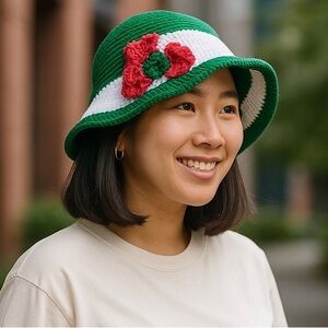Hat Bucket Hand Crafted Stylish Green Red White Floral Crochet